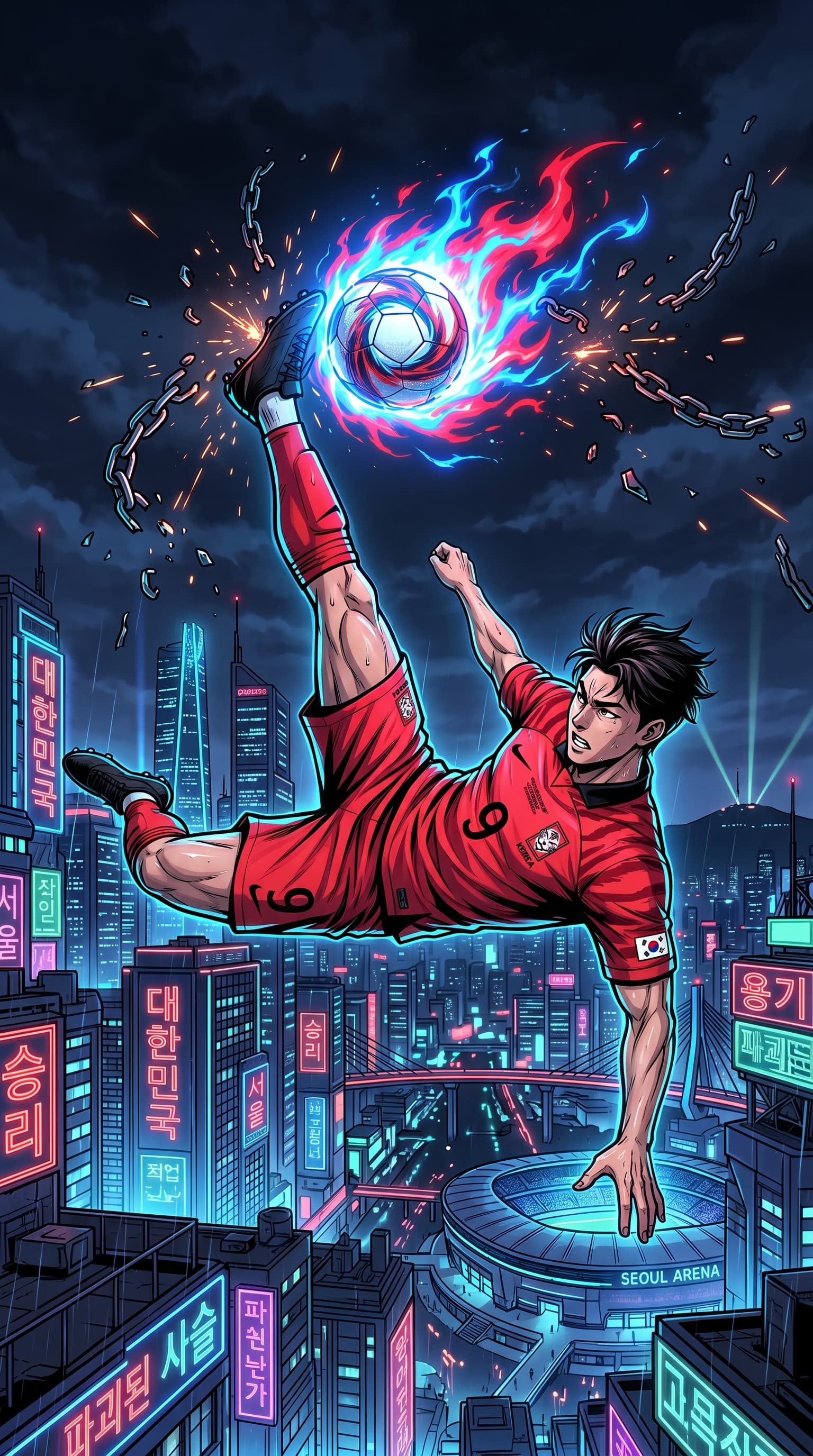 A South Korea striker executing a flaming bicycle kick over a neon Seoul skyline